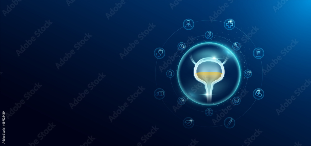 Medical health care. Human bladder in transparent bubbles surround with medical icon. Technology innovation healthcare hologram organ on dark blue background. Banner empty space for text. Vector. - obrazy, fototapety, plakaty 