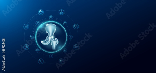 Medical health care. Hip joint bone in transparent bubbles surround with medical icon. Technology innovation healthcare hologram organ on dark blue background. Banner empty space for text. Vector.