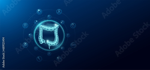 Medical health care. Human intestine in transparent bubbles surround with medical icon. Technology innovation healthcare hologram organ on dark blue background. Banner empty space for text. Vector.