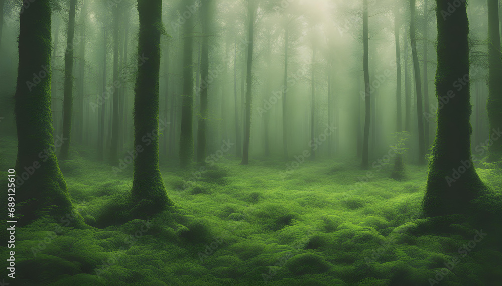 A light mist on the horizon, a thick green forest. A light mist on the horizon, a thick green forest.