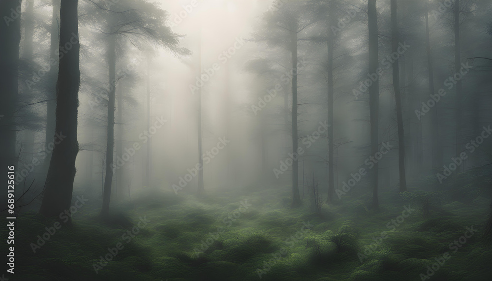 Fototapeta premium A dense forest. A light mist on the horizon.