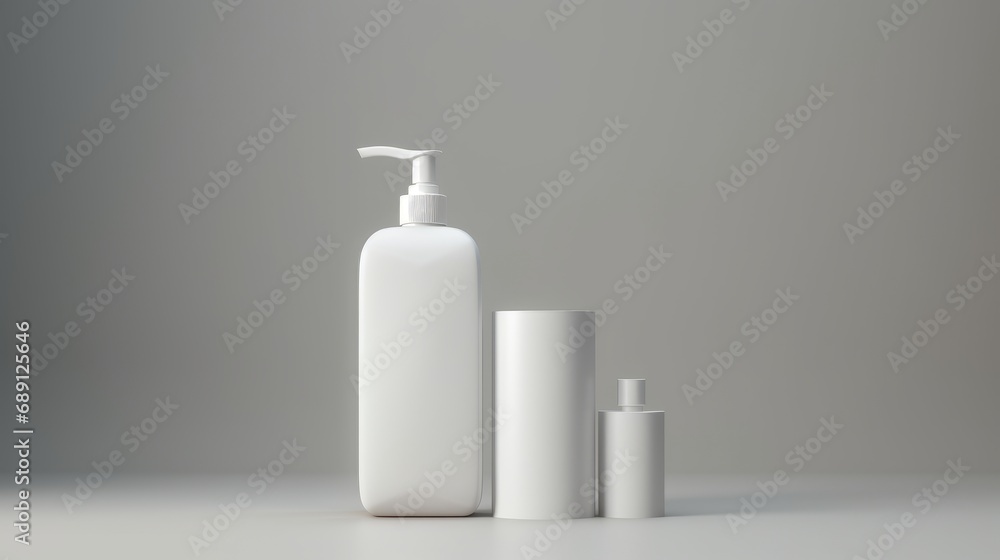 3D mockup products of White empty cosmetic products, white soap lotion, shampoo or shower gel, mockup and bottles in the style of light gray and white in modern bathroom interior Free Copy Space 3D mockup products of White empty cosmetic products, white soap lotion, shampoo or shower gel, mockup and bottles in the style of light gray and white in modern bathroom interior Free Copy Space