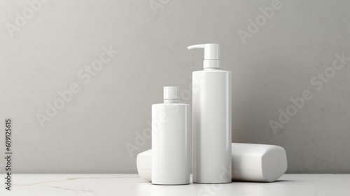 3D mockup products of White empty cosmetic products, white soap lotion, shampoo or shower gel, mockup and bottles in the style of light gray and white in modern bathroom interior Free Copy Space © ND STOCK