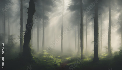 A dense forest. A light mist on the horizon.