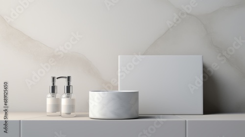 3D mockup products of White empty cosmetic products  white soap lotion  shampoo or shower gel  mockup and bottles in the style of light gray and white in modern bathroom interior Free Copy Space
