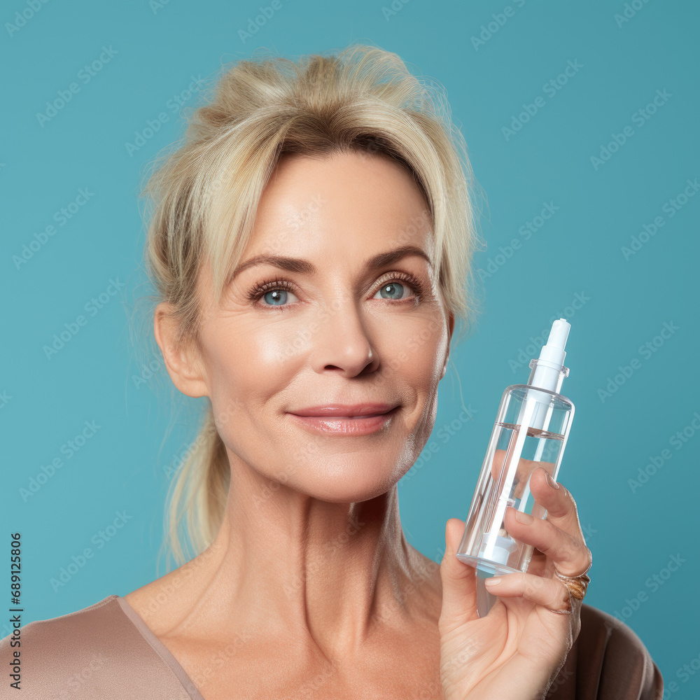 Beautiful smiling woman aged 50 - 60 model with natural makeup holding skincare healthcare packagee product Beautiful smiling woman aged 50 - 60 model with natural makeup holding skincare healthcare packagee product
