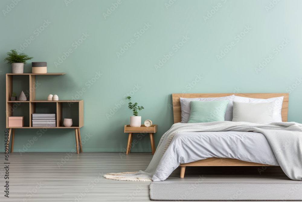 Empty wall in a Scandinavian modern bedroom. Mockup. Empty wall in a Scandinavian modern bedroom. Mockup.