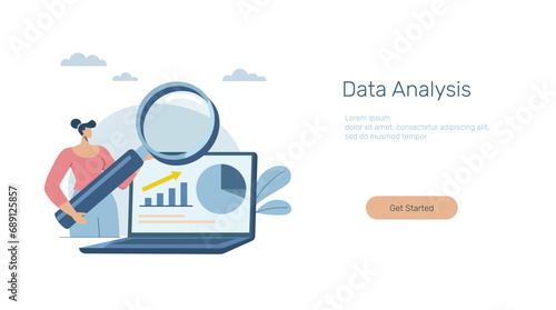 Market data trend analysis, Analyze reports, graphs, charts, and other business data. Businesswoman analyzes financial trend graphs and charts with magnifying glass. Vector design illustrator.