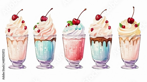 watercolor art a glass of ice cream adorned with cherries and strawberries