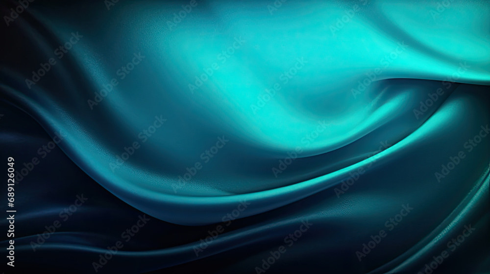 Obraz premium Abstract dark background. Silk satin fabric. teal blue color. Elegant background with space for design. Soft wavy folds. Abstract Background with 3D Wave green blue , Christmas, birthday, anniversary