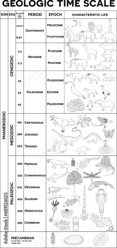 Life evolution in the geologic time scale—eons, eras, epochs. From Precambrian to Holocene, animal evolution, discover trilobites, anomalocaris, dinosaurs, mammals, and humans. Ideal for coloring 