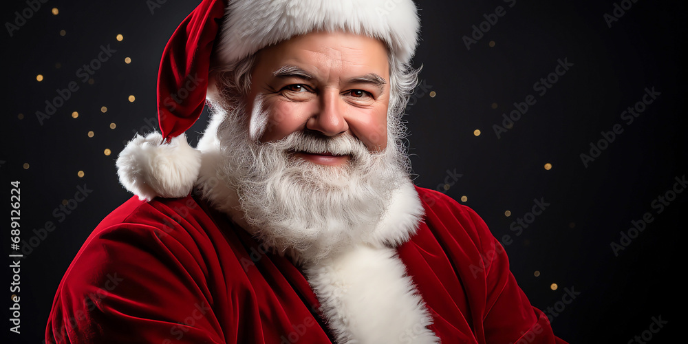Close-up portrait of a smiling, kind elderly bearded man in a red Santa Claus costume against an isolated background of a dark starry sky. Christmas banner. Christmas spirit, festive mood. Holidays, v Close-up portrait of a smiling, kind elderly bearded man in a red Santa Claus costume against an isolated background of a dark starry sky. Christmas banner. Christmas spirit, festive mood. Holidays, v