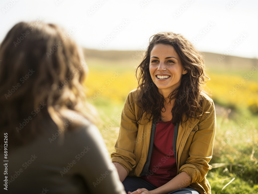 Women cheerful conversation smiling in the nature Women cheerful conversation smiling in the nature