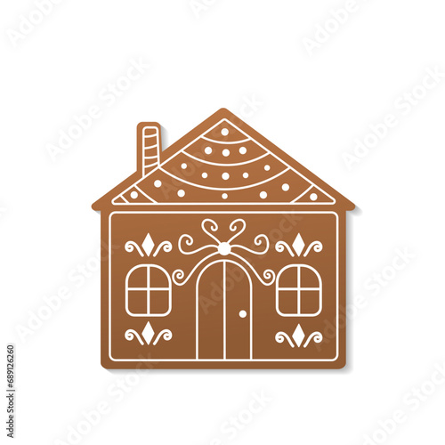 Gingerbread house. Vector hand drawn gingerbread house in a simple flat style. Christmas cookies. Brown and white colors.	