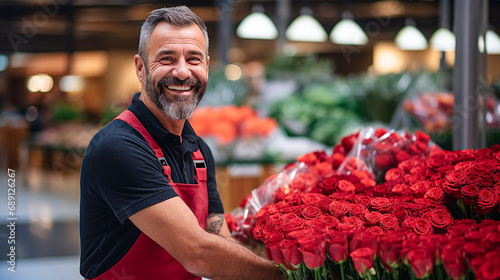 The seller or the owner of a flower shop, a smiling man in a red apron shows beautiful red roses. The concept of small business and sales, Flowers for Valentine's Day or Birthday photo