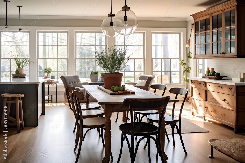 A grand, well-lit kitchen space with cabinets and elegant old table