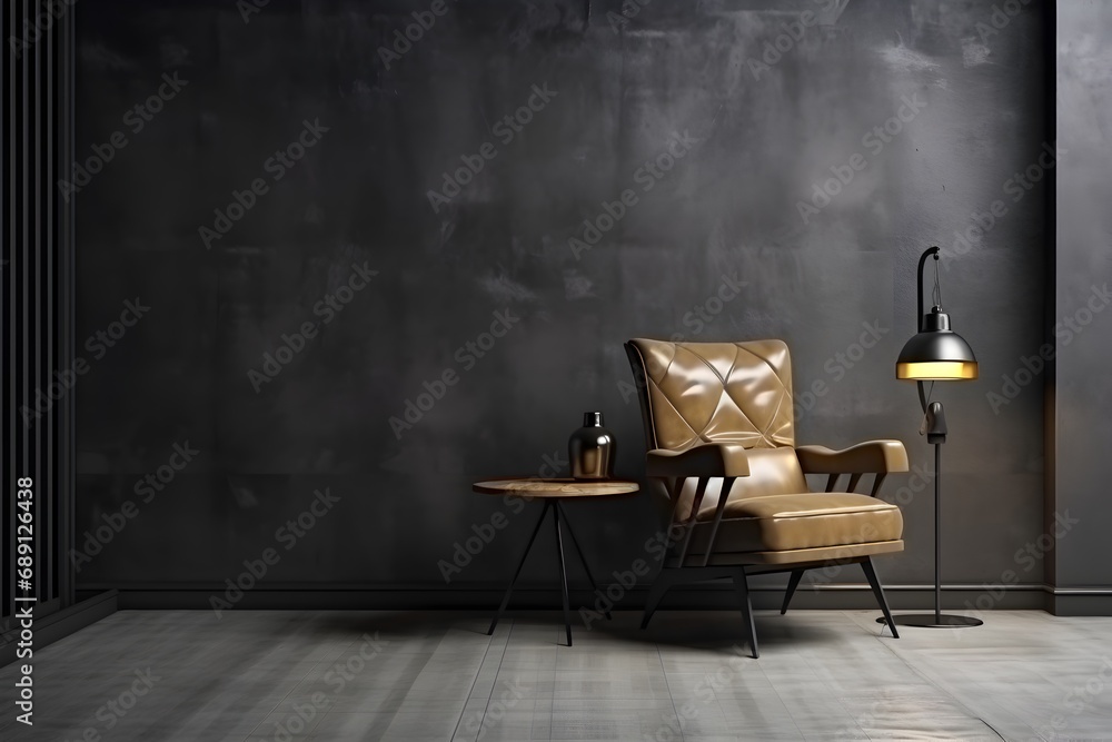 Minimalist loft design with a leather armchair against a dark wall