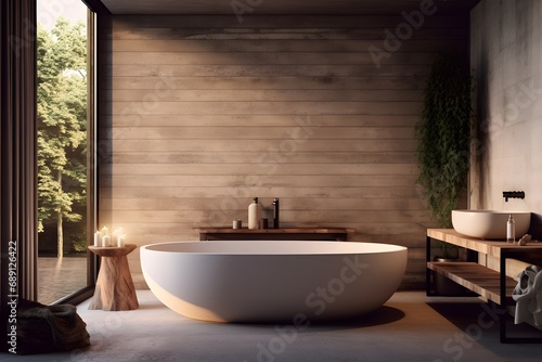 A cozy modern bathroom with a freestanding bathtub
