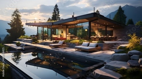 A minimalistic glass house with mountains on a background