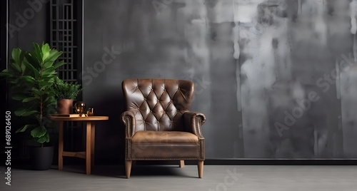 Loft ambiance with a sleek leather armchair against a dark cement wall