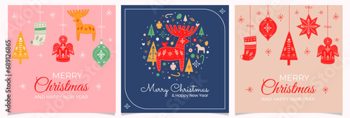 Merry Christmas and Happy New Year cards set with scandinavian decoration Christmas toys,tree,sock,angel and ect. with congratulations. Vector flat illustration. 