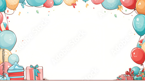 Happy birthday vector illustration, cartoon style, hand drawn. Birthday party elements like cake, hat and balloons background