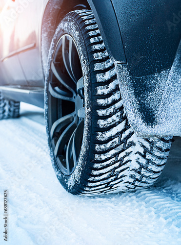 Winter car tires close-up on a winter road