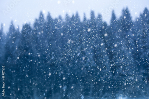 Snowfall against the background of the forest. Winter landscape with snowflakes.