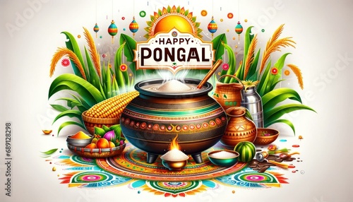 Vibrant illustration celebrating Pongal Festival with traditional pots, sugarcane, and a burst of colorful patterns and motifs. Pongal Harvest Festival India celebrated by Tamil, Cultural Festival photo