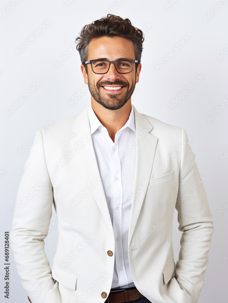 Happy smile businessman on a white background in the studio, white business professional. For art texture, presentation design or web design and web background. Generative AI. Happy smile businessman on a white background in the studio, white business professional. For art texture, presentation design or web design and web background. Generative AI.