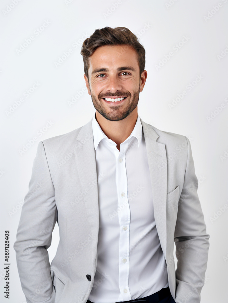 Happy smile businessman on a white background in the studio, white business professional. For art texture, presentation design or web design and web background. Generative AI. Happy smile businessman on a white background in the studio, white business professional. For art texture, presentation design or web design and web background. Generative AI.