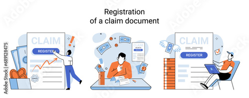 Claim vector illustration. Simplify claim process with organized financial schedule and clear paperwork Turn claim document into financial guide, leading you to compensation success Organize
