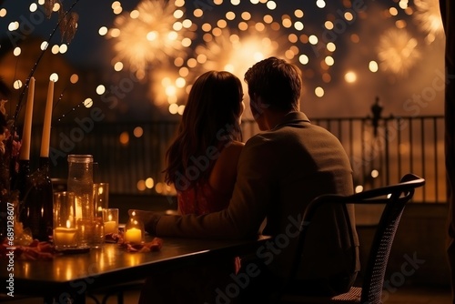 Couple dating in restaurant, New Year's Day celebration fireworks