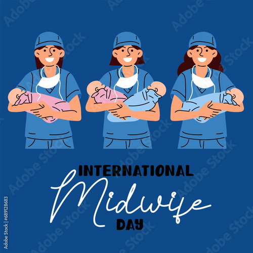 International Day of Midwives is celebrated annually on May 5. A midwife is a medical professional who cares for mothers and newborns during childbirth. Medical uniforms nurses twins, children in blue