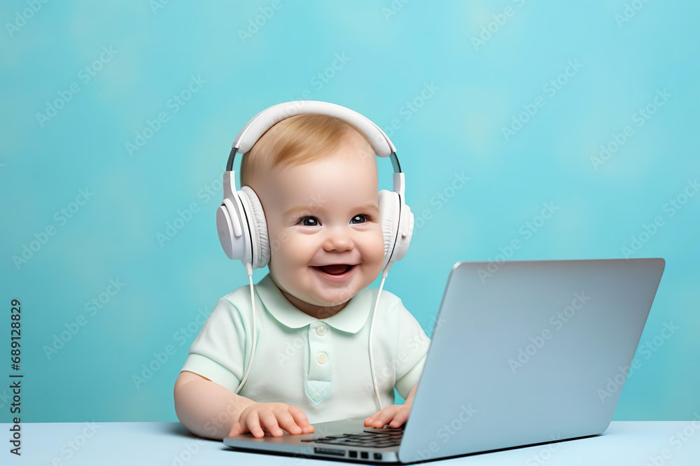 Smiling baby engages with a laptop, adorned with white headphones, showcasing the early stages of digital exploration on the blue background.. Smiling baby engages with a laptop, adorned with white headphones, showcasing the early stages of digital exploration on the blue background..