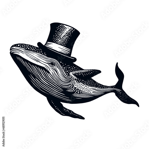 whale wearing vintage top hat vector sketch