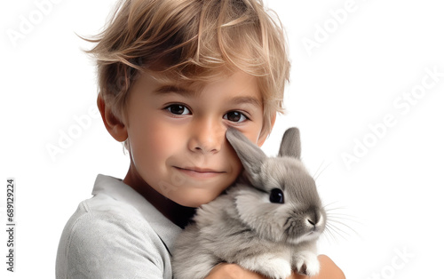 Polite Little Boy With His Daring Rabbit Isolated on a Transparent Background PNG. © Haider