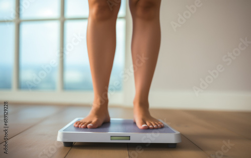 Closeup woman legs standing on an electronic weight scales
