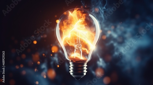 Light bulb explodes with electric fire on a dark background