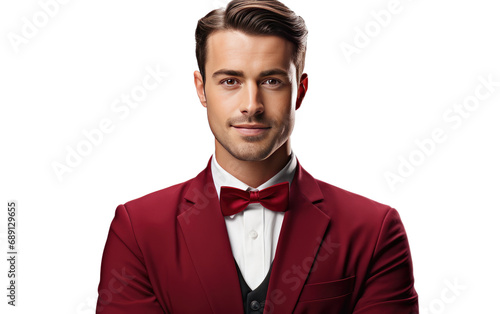 Handsome Male Bellboy With Red Crossed Arms Isolated on a Transparent Background PNG.