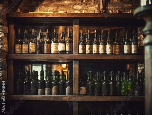 Vintage wine cellar with old dusty wine bottles.