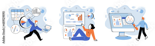 Business data analysis vector illustration. Research is compass guiding ship through sea information Accounting is architect designing blueprint for business analytics Business strategy is roadmap