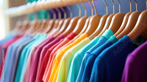 Colorful t-shirts in a shop at a shopping mall. Commerce, clothing brand and fashion concept.