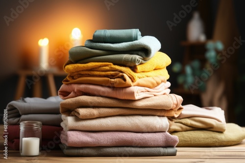 Stack of dirty clothes and washing machine in laundry room. Natural colors, minimalist, bright background