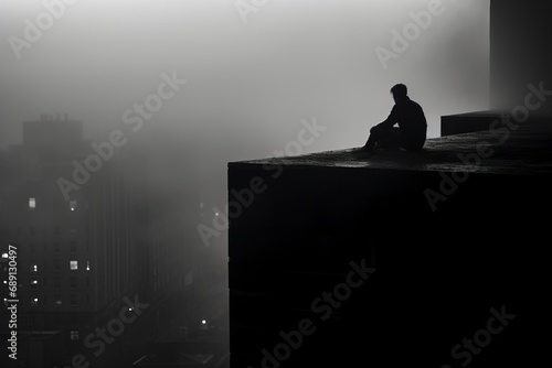 A silhouette of solitary depression man figure sitting on the roof of a tall building, with an empty gaze into thick fog