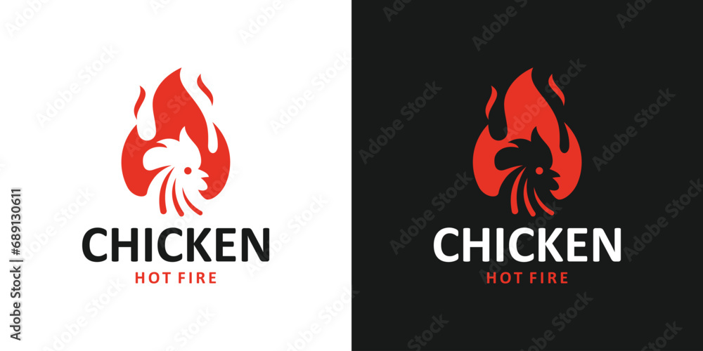 Obraz premium Fire chicken logo design template. Hen flame hot design graphic vector illustration. Symbol food restaurant, icon, creative.