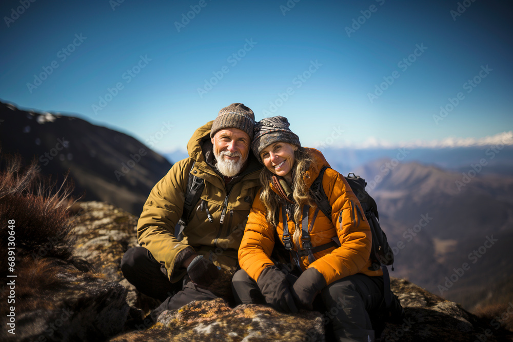 A happy middle-aged couple in the mountains