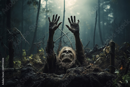 Zombie in the forest crawls out of the ground and raises its hands up. Horrible scary zombie man in the forest. Undead crawls out of the ground. Horror. Halloween. photo