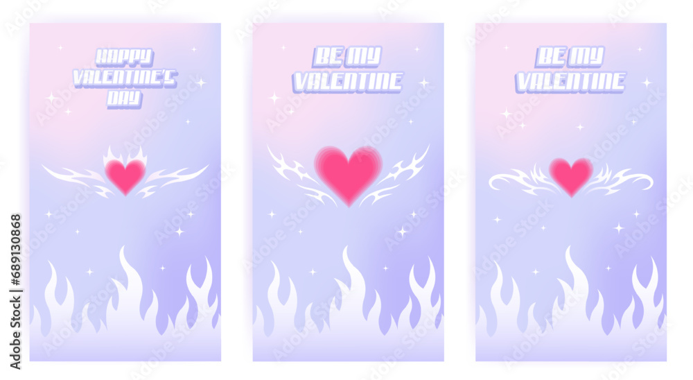 Happy Valentine's Day social media stories template set in y2k style. Trendy aesthetic soft color vector illustrations with tatoo aura hearts, abstract shapes, flame, stars, gradient.