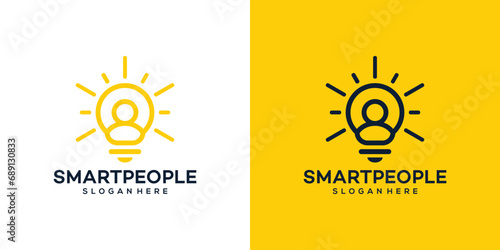 Smart leader logo design template. Lamp logo with people design graphic vector illustration. Symbol, icon, creative.